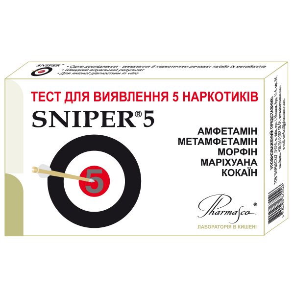 Тест-касета Sniper 5 для одночасного визначення 5 видів наркотиків в сечі, 1 штука
