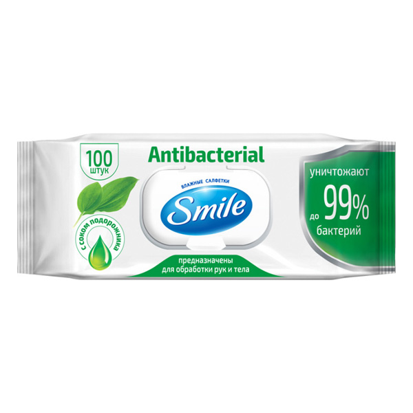 Smile салфетка влажная Antibacterial с подорожником 100 шт