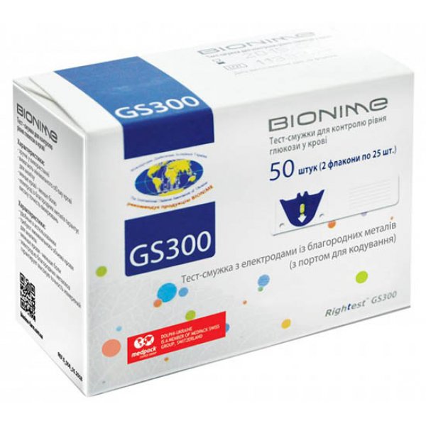 Тест-смужки Bionime Rightest GS300 для глюкометра 2 флакона по 25 штук