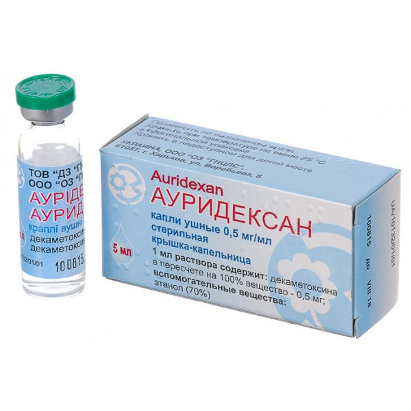 Аурідексан краплі вуш. 0.5 мг/мл по 5 мл у флак. з криш.-крап.