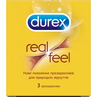 Презервативи з синтетичного латексу Durex Real Feel натуральні відчуття, 3 штуки
